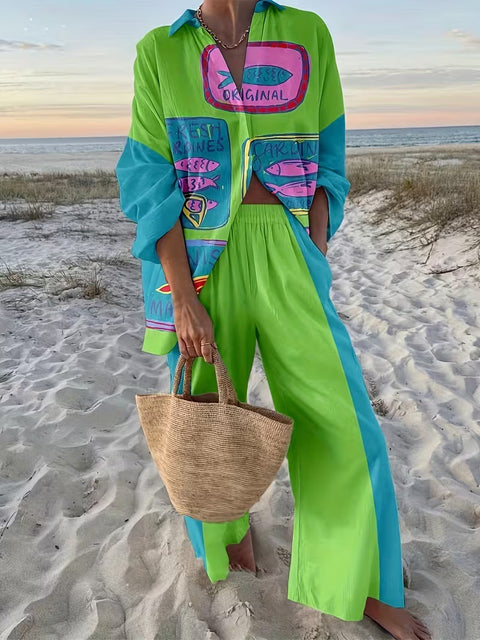 Linglong hemp fish shading casual suit loose sports wide-leg pants marine element casual shirt m303169