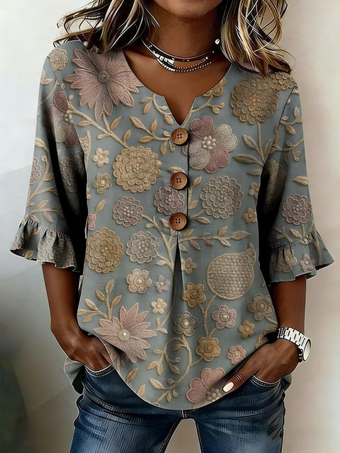 Small V-neck shirt flared sleeve printed button-down shirt m302753