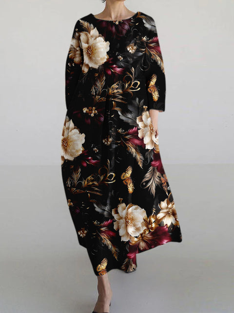 Women's loose crew neck fashion high-end long-sleeved printed dress m301049