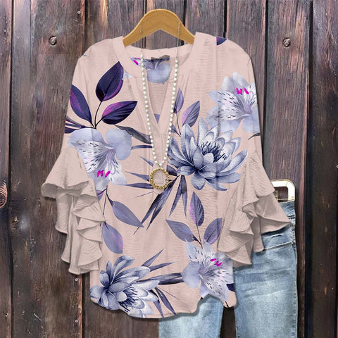 Creative floral element printing digital printing casual trend V-neck lotus edge T-shirt women's m301769