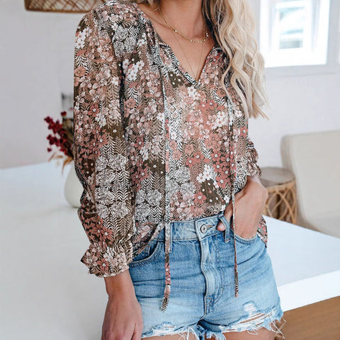 Autumn/Winter Floral Print Shirt V-Neck Long Sleeve T-Shirt M302883