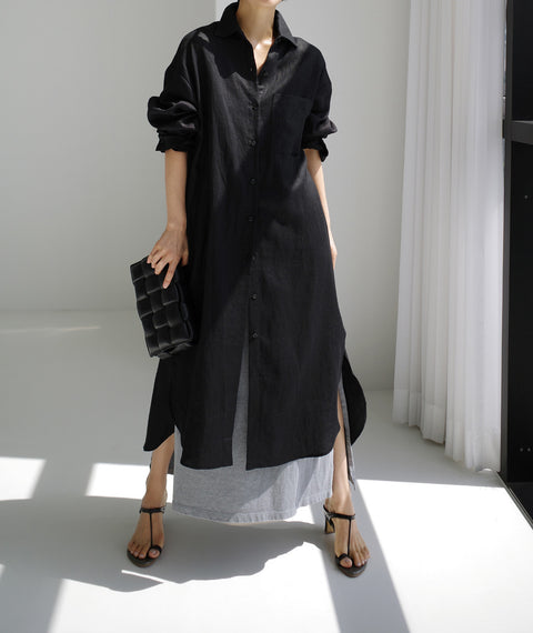 knee-length split-ended outer cotton and linen shirt solid color dress m300698
