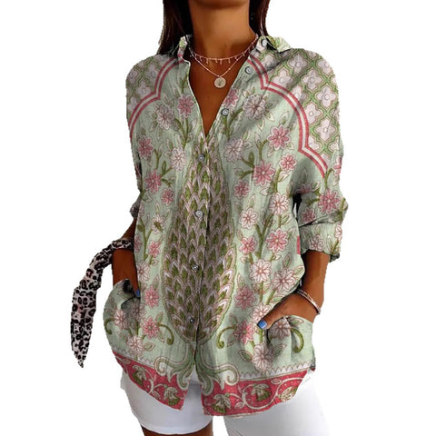 3D digital printing abstract pattern women's long-sleeved buckle linen shirt m302749-01