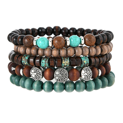 Retro wind zinc alloy life tree hand-woven wooden beads beaded multi-layer five-piece bracelet m3331272