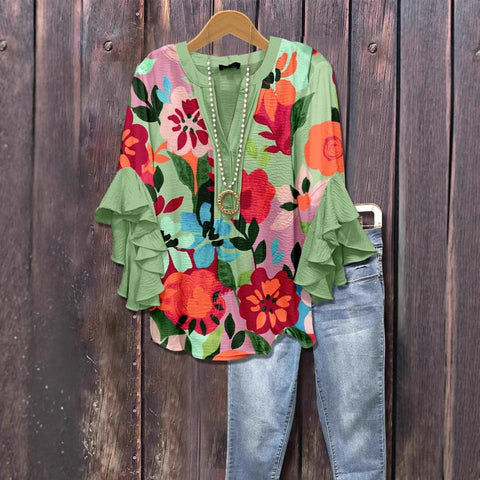 Creative floral element printing digital printing casual trend V-neck lotus edge T-shirt m301358