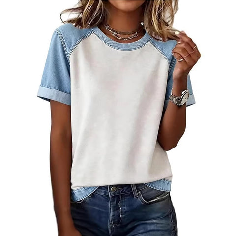 Printed denim splicing round neck short sleeve loose casual m302385