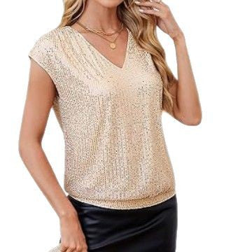 Sleeve sequins slim V-neck solid color top T-shirt women's m300996