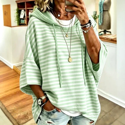 Women's new loose casual striped hooded seven-quarter-sleeved sweater pullover hoodie m302998