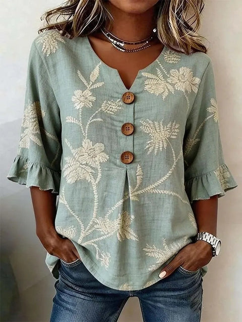 Small V-neck shirt flared sleeve printed button-down shirt m302753