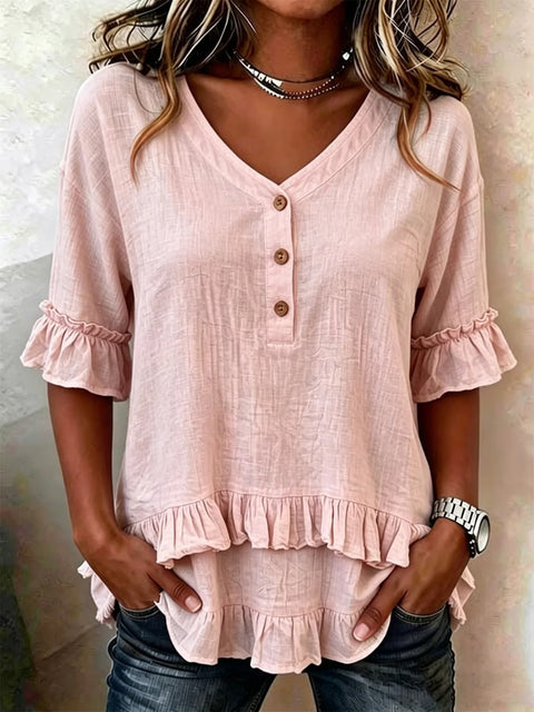 Lotus leaf edge V-neck irregular hem short sleeve m302918