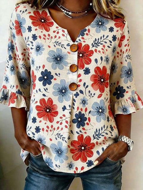 Small V-neck shirt flared sleeve printed button-down shirt m302753