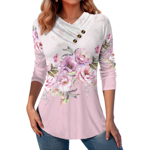 Spring and Autumn New Women's 3D Printed V-Neck Casual Long Sleeve Button T-Shirt Top m301747