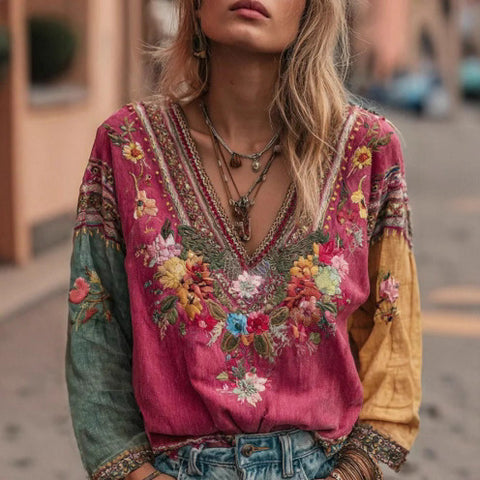 Ladies Casual Vintage Bohemian V-Neck Top Ethnic Style Long Sleeve m301956