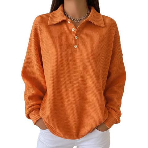 Loose solid color lapel versatile polo shirt waffle long sleeve women's top m302256
