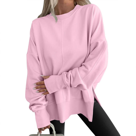 Loose sweater side split splicing round neck bat sleeve fleece top m302100
