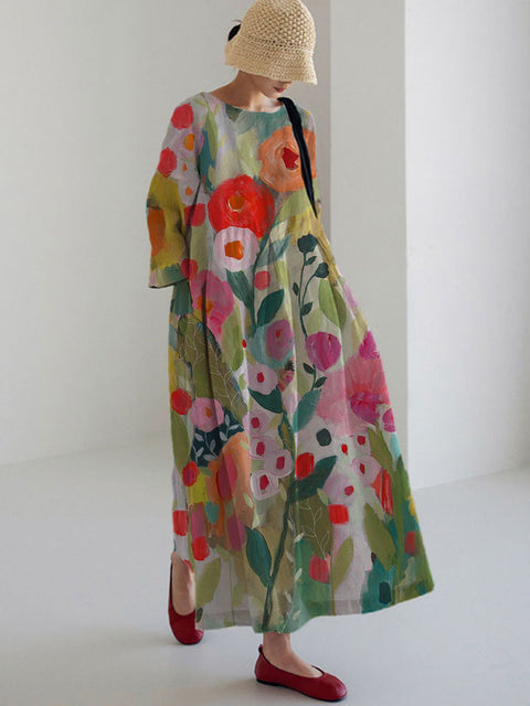 Loose Crew Neck Fashion Premium Long Sleeve Printed Dress m301044