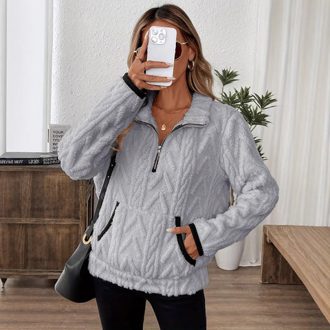 Lapel small fragrant wind jacquard half zipper plush pocket short sweater m302167