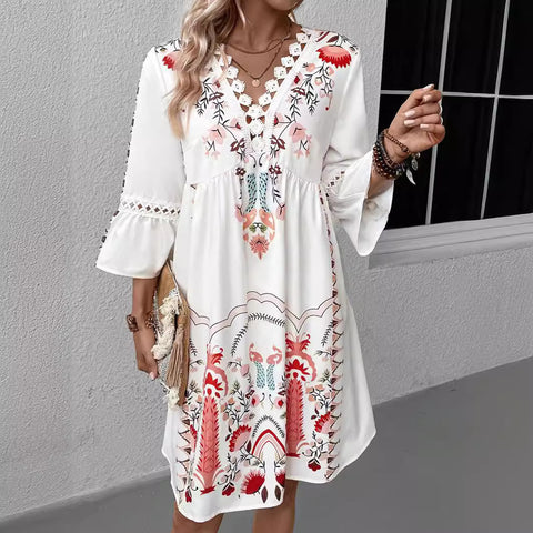 New V-neck lace splicing casual versatile print dress m300993
