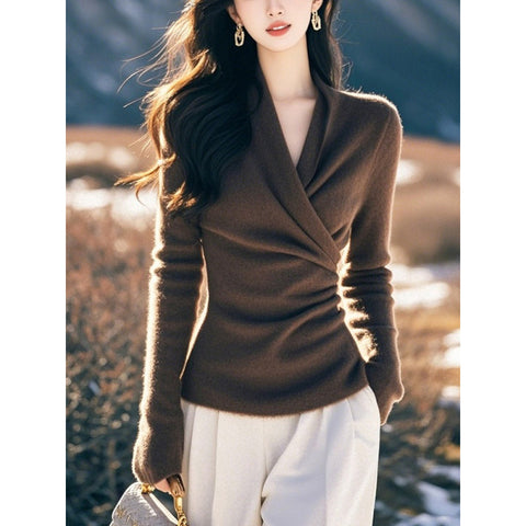 French Elegant Coffee V-Neck Long Sleeve Sweater Knitted Sweater Women's Autumn and Spring Versatile Slim Fit M301759