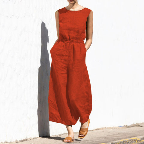 Summer solid color high waist sleeveless trousers women's fashion casual loose temperament jumpsuit m301893