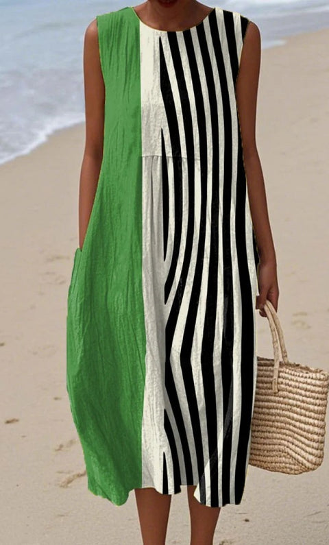 Summer sleeveless pocket casual print temperament long dress dress m302454