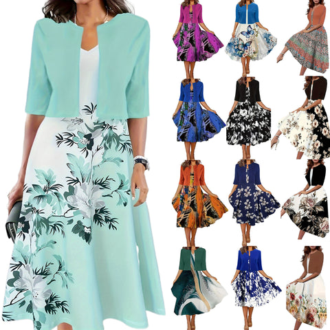 New women's long dress two-piece set flower and grass print crew neck dress jacket m302471