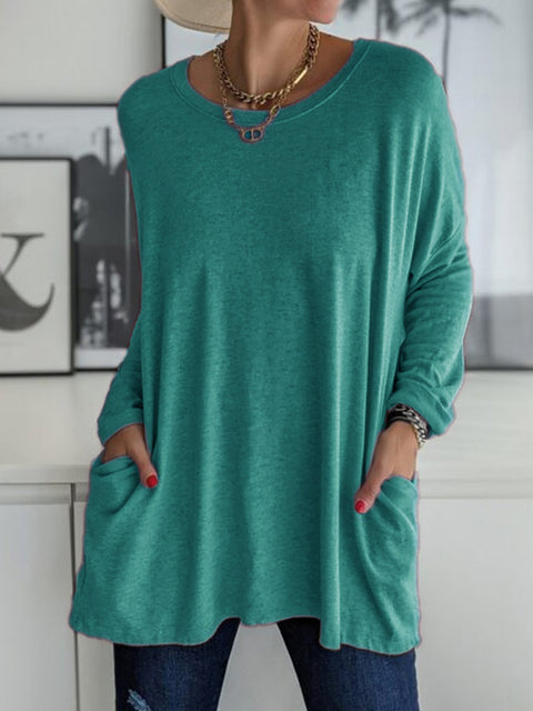 Crew neck long sleeve loose pocket solid color T-shirt casual women's clothing m301315