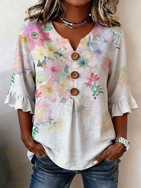 Small V-neck shirt flared sleeve printed button-down shirt m302753
