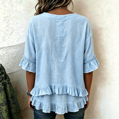Lotus leaf edge V-neck irregular hem short sleeve m302918