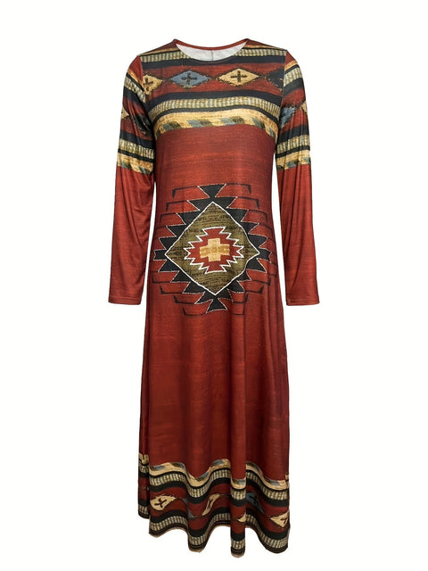Geometric printing round neck long dress retro ethnic long dress m300711