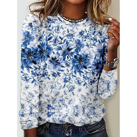Long Sleeve T-Shirt Women's Solid Color Flower m300934