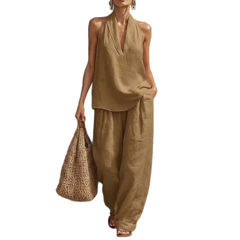Sleeveless loose shoulder suit women's summer casual wide-leg pants two-piece set m302658