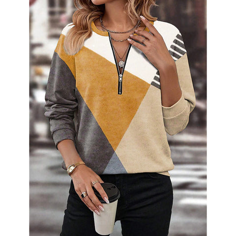 Autumn and winter color matching loose zipper long-sleeved V-neck sweater m300608