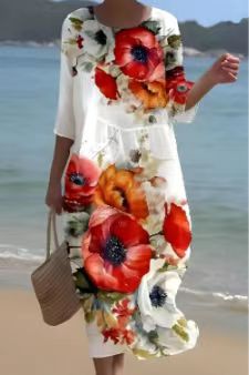 Loose crew neck fashion high-end long-sleeved printed dress m301053