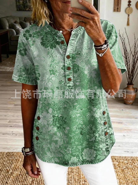 Women's Floral Print V-Neck Casual Women's Short Sleeve Top FF303332