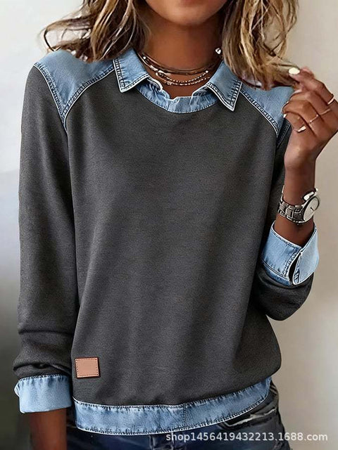Denim collar long sleeves, pullover spliced knitted sweater top m302161