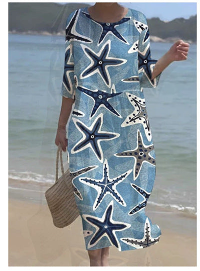 Loose Crew Neck Fashion Premium Long Sleeve Printed Dress m301045