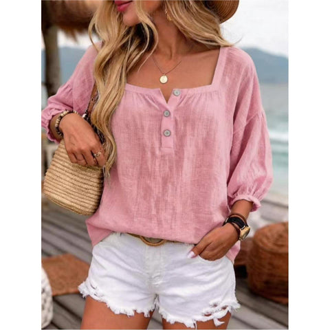 Holiday style seven-quarter sleeve loose and thin linen top m302921