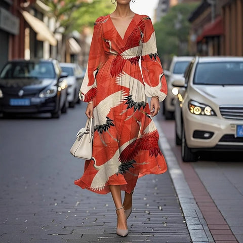 Floral series pattern 3D printing series casual women's V long dress m302129