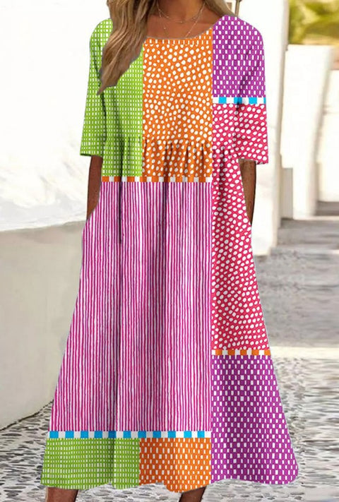 Up and down splicing pocket size printing big wide dress m301712