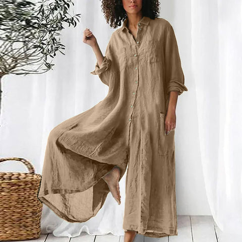 Long-sleeved medium and long cotton and linen shirt jumpsuit women's m302949