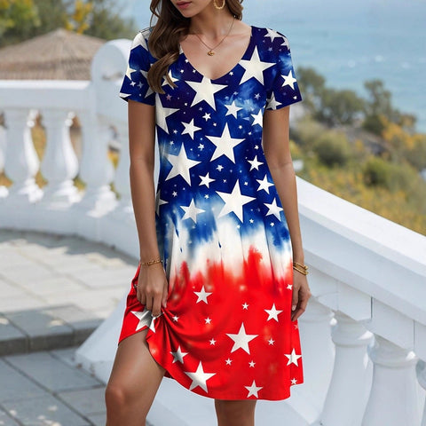 Casual pullover short-sleeved dress digital printing national flag day stars and stripes style m302670