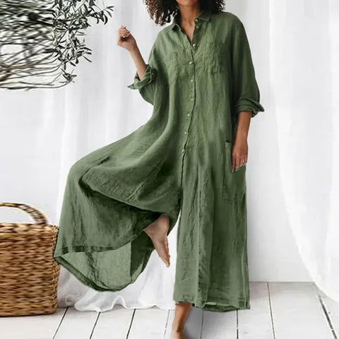 Long-sleeved medium and long cotton and linen shirt jumpsuit women's m302949