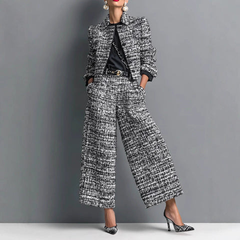 Lapel slim-fitting women's clothing European and American style long-sleeved short jacket with wide leg pants set m302505