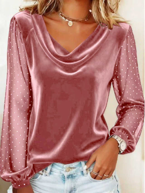 Women's solid color V-neck mesh hot diamond long-sleeved T-shirt m302227