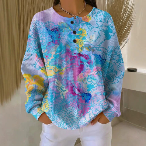 3D digital printing loose casual waffle stand-up collar long sleeve m303065