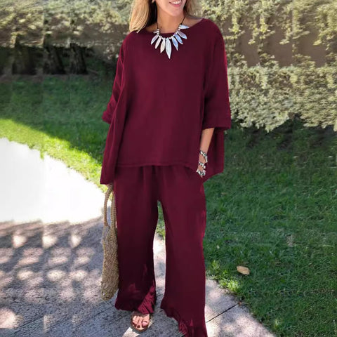Cotton and linen suit women's solid color loose casual trousers two-piece set m303019