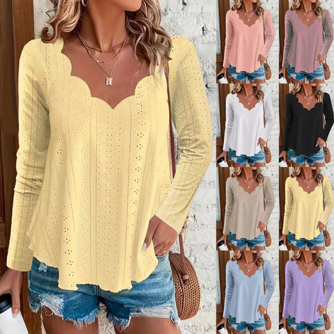 New wavy scallop collar breathable jacquard long-sleeved top women's m301913