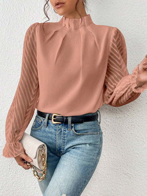 Semi-turtleneck spliced wavy chiffon long-sleeved top m300882