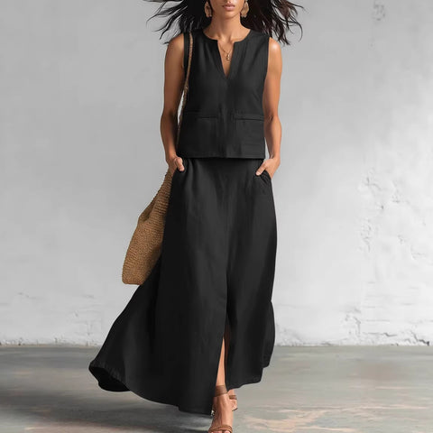 Sleeveless solid cotton and linen V-neck sleeveless top casual cross-body pocket skirt set m302507